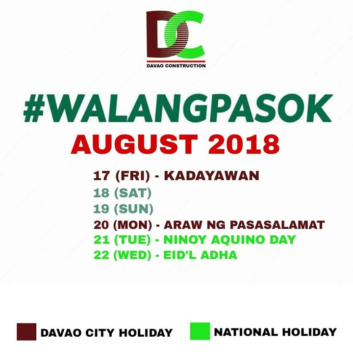 Confirmed! Long weekend...
CTTO: Davao Constructions