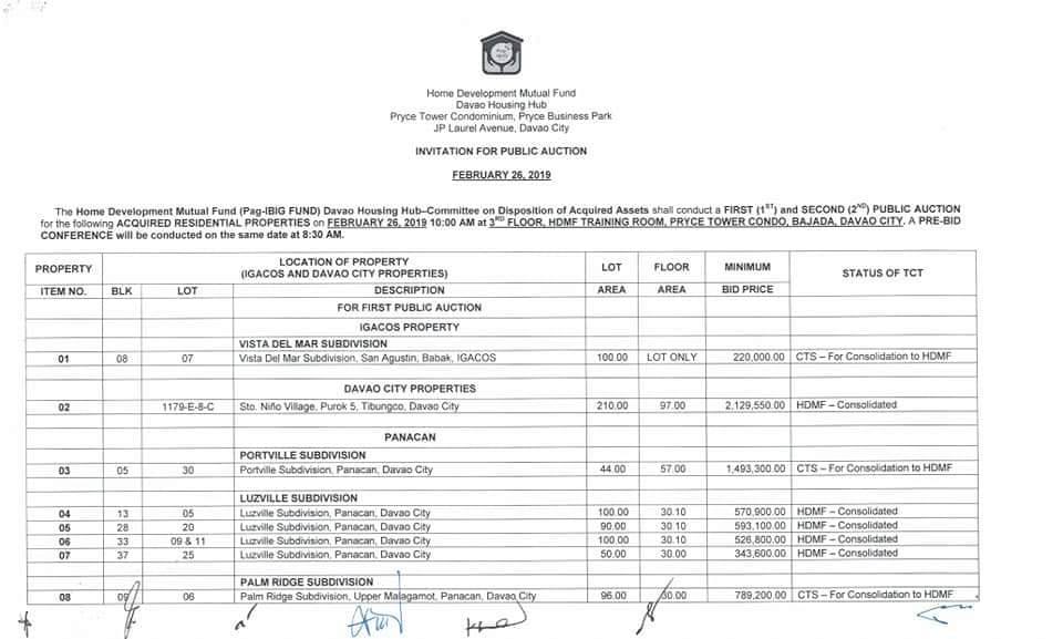 Please SHARE 
 WHAT: HDMF 1ST and 2ND PUBLIC AUCTION OF DAVA...