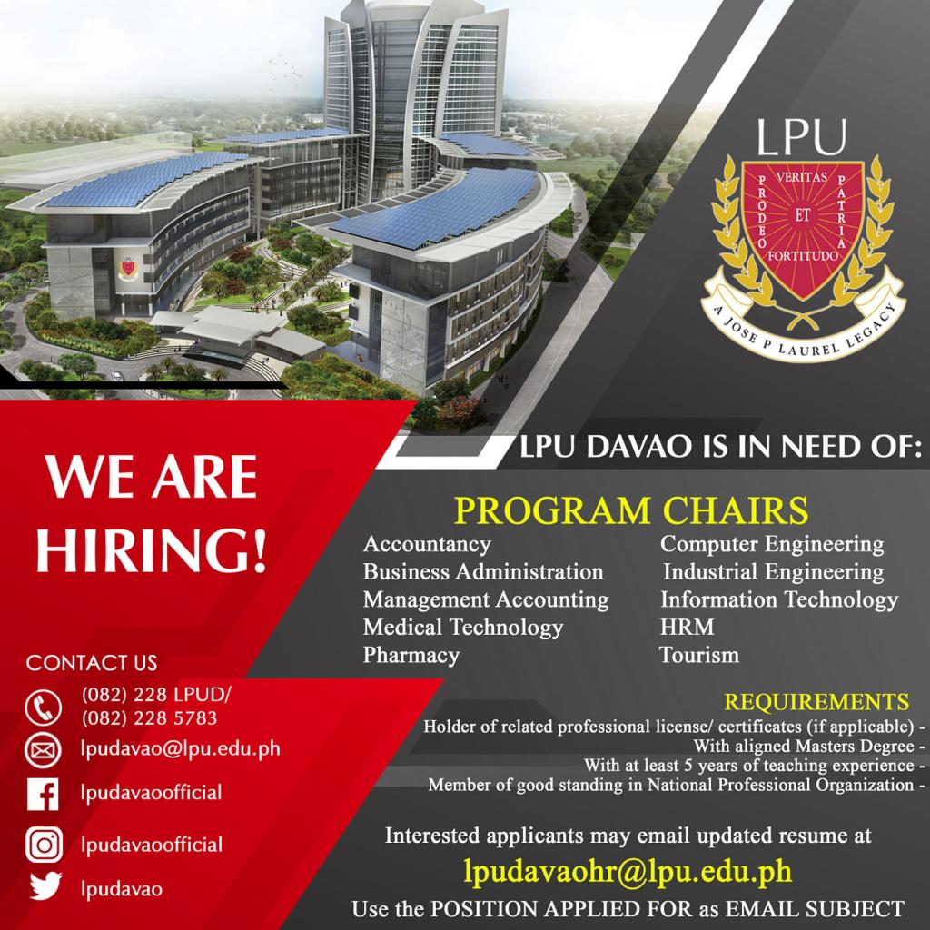 LPU Davao is looking qualified program chairs for its variou...