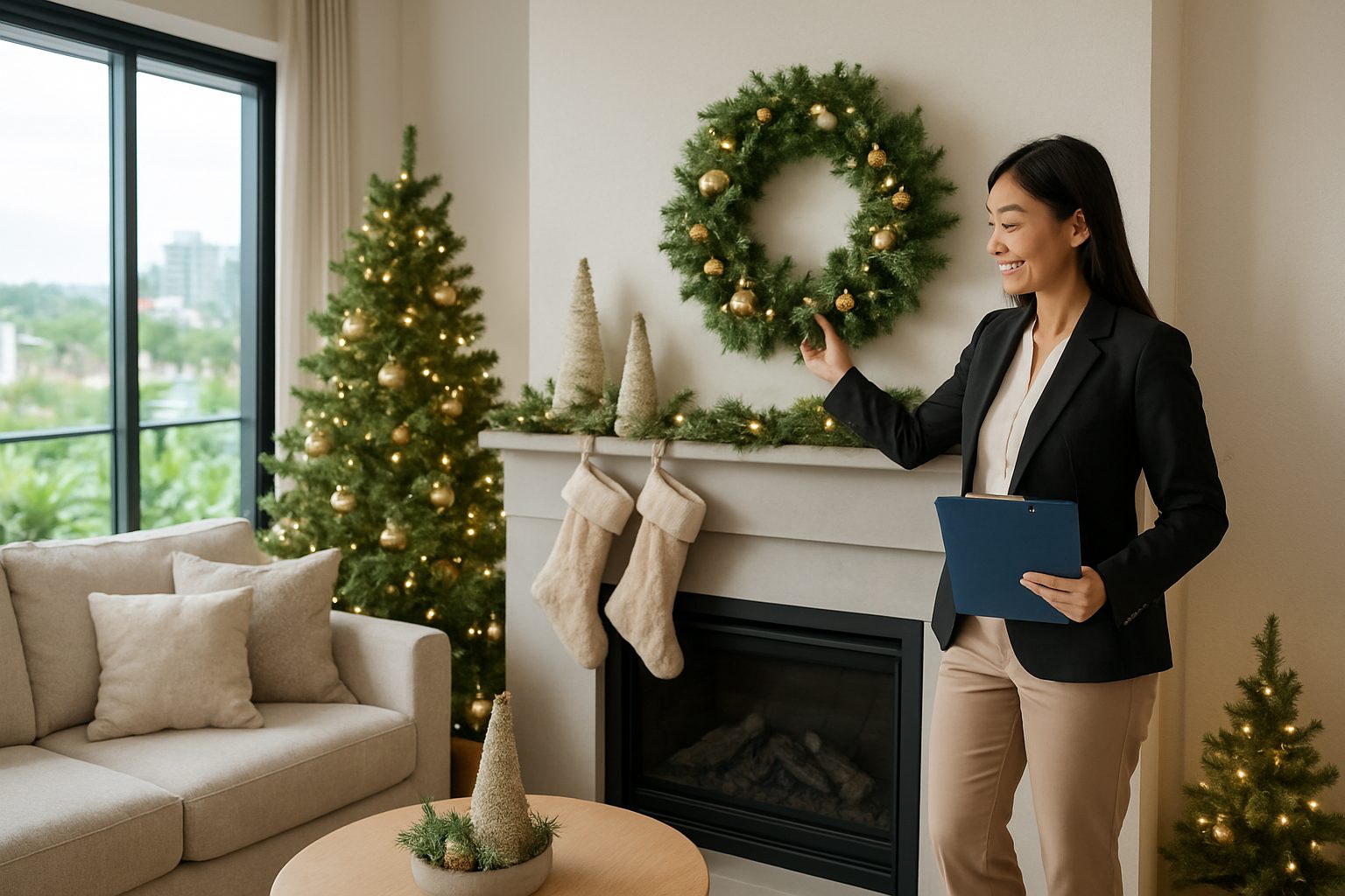 Maximize Property Sales in the Ber Months: Real Estate Agents' Opportunities 1 Real estate agent staging a living room with holiday decor.