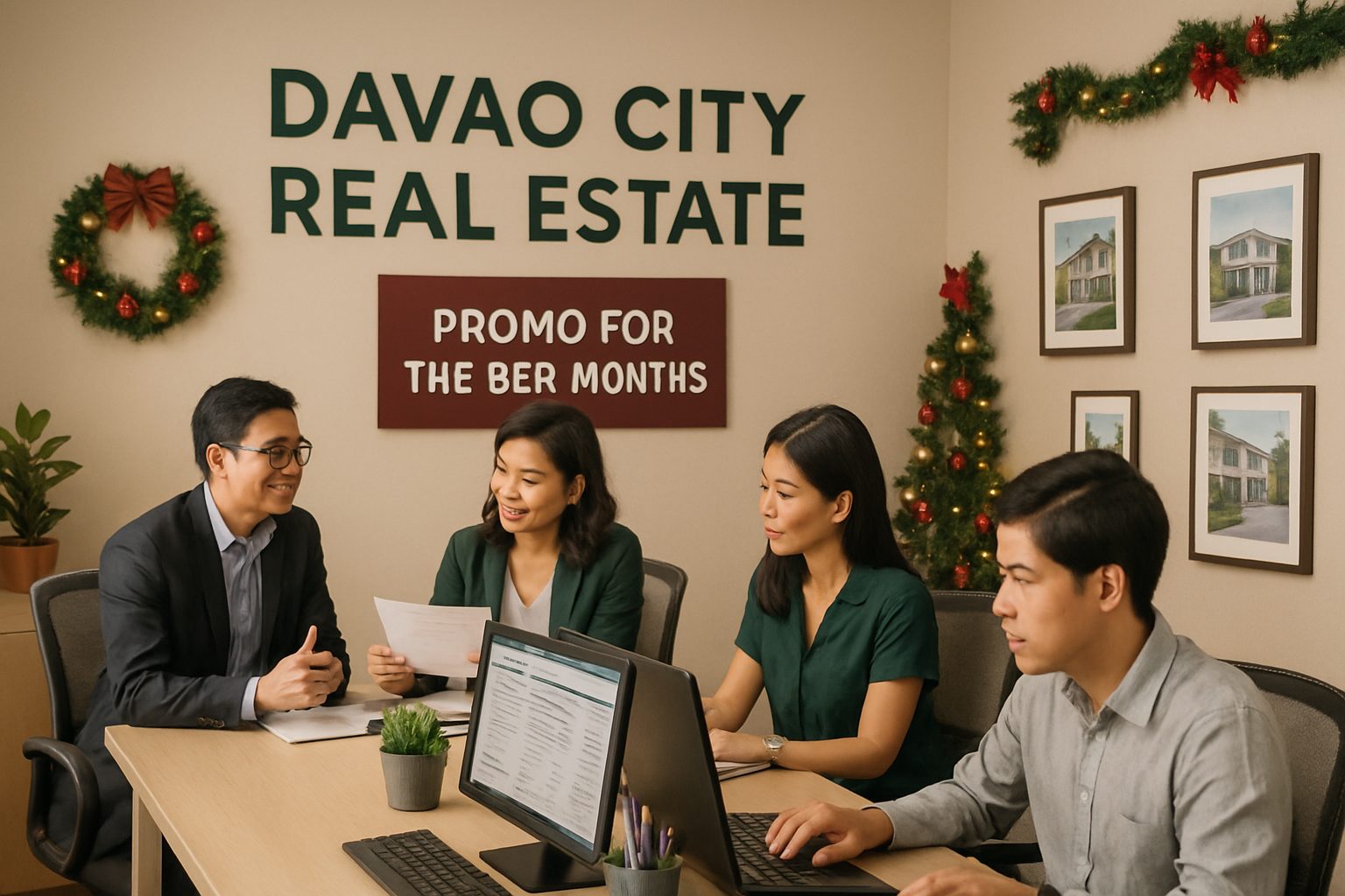 Maximize Property Sales in the Ber Months: Real Estate Agents' Opportunities 2 Real estate agents in an office planning holiday promotions.