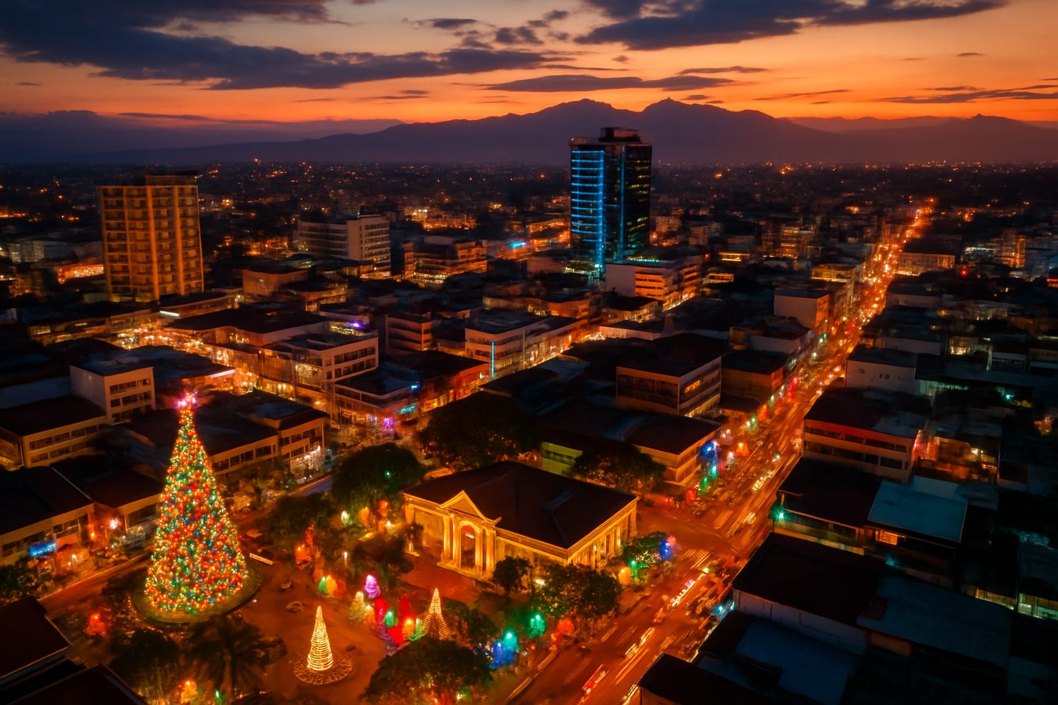 Davao City skyline at night with festive holiday lights.
