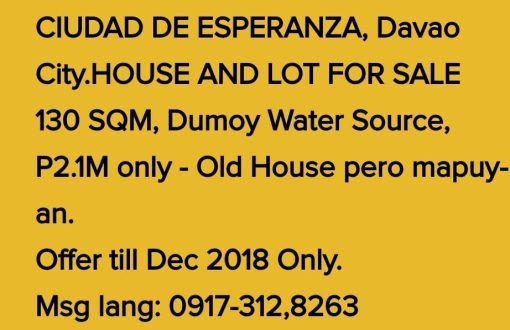 CIUDAD DE ESPERANZA, Davao City.HOUSE AND LOT FOR SALE
 130 ...