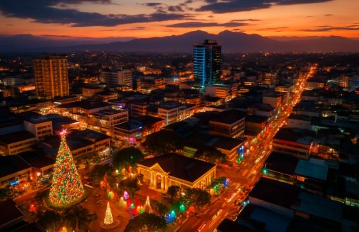 Home 21 Davao City skyline at night with festive holiday lights.